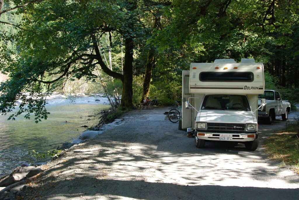 Motorhome at a campground ready for mobile RV electrical service